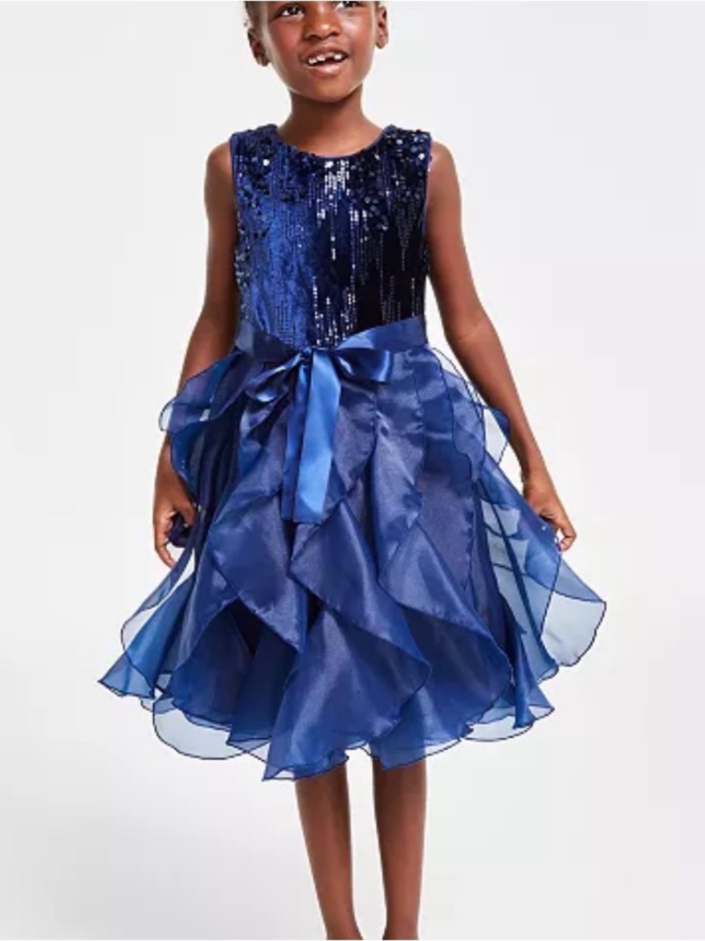 Rare Editions Navy Sequin & Ruffle Party Dress with Satin Bow